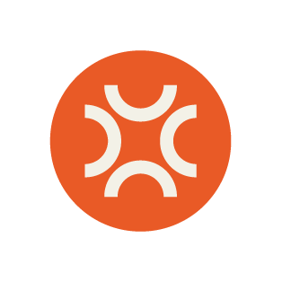 Orange logo with three white arcs forming a circular pattern