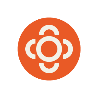 Black and white logo with a circular central symbol surrounded by four orange semi-circular shapes.