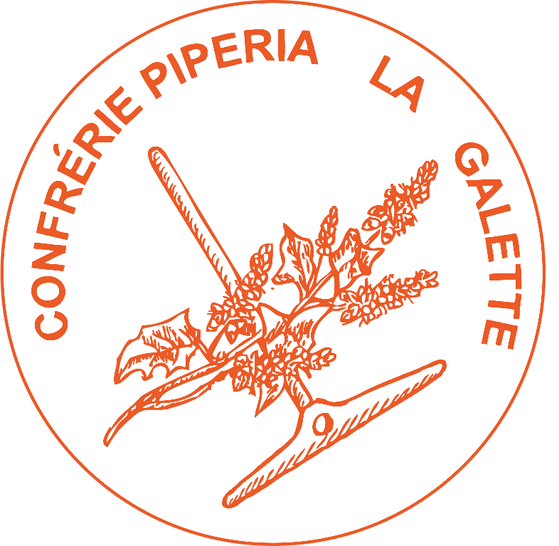 Orange circular logo with a holly branch, a saw, and a paintbrush, surrounded by the text "Confrérie Piperia La Galette"