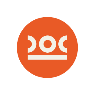 Orange logo with a stylized illustration of a mouth or face in a circle