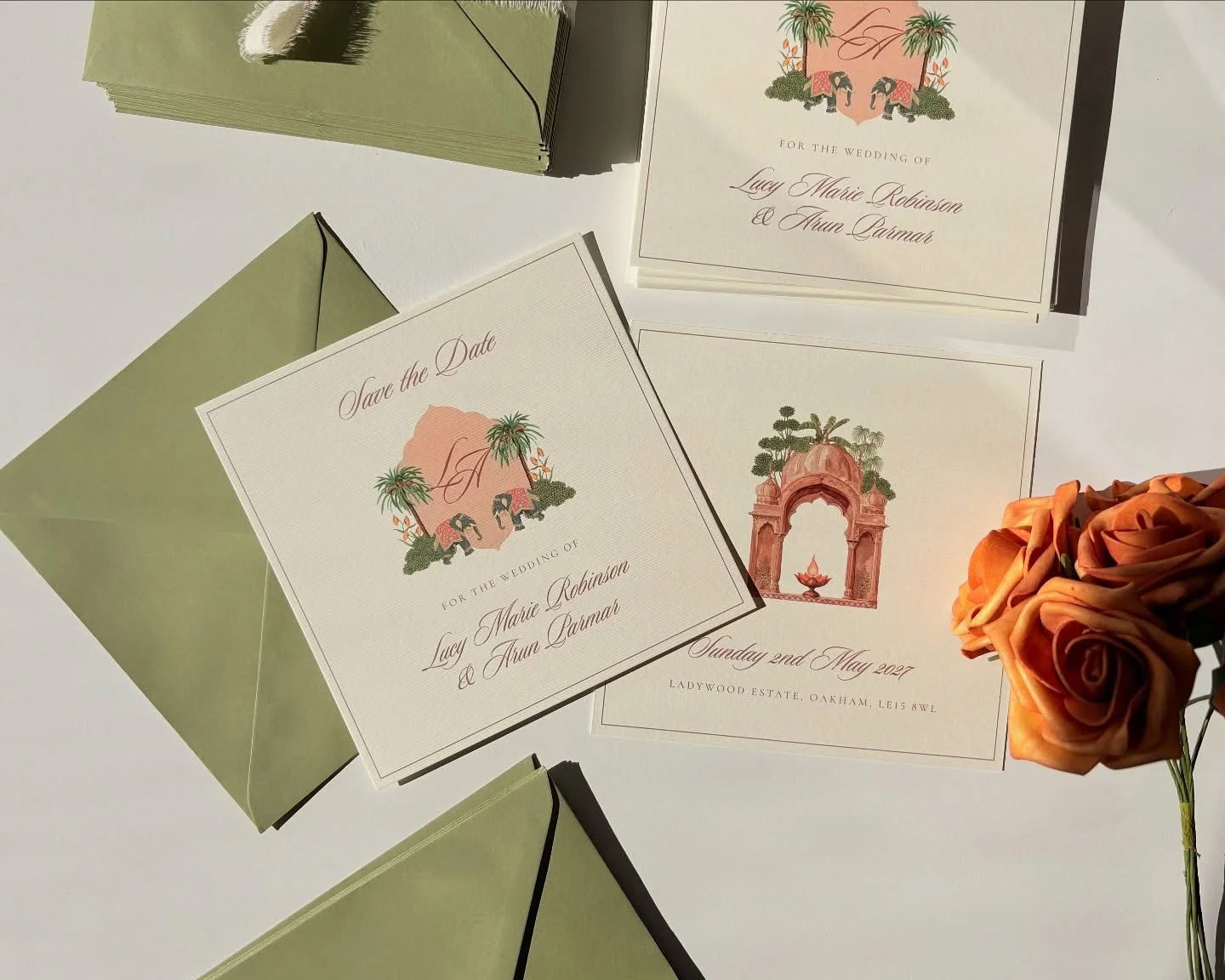Bespoke Save the Dates designed for Lucy &amp; Arun 🧡
Lovely &amp; soft terracotta tones, watercolour illustration and timeless typography for a warm, romantic introduction of the wedding to come! 🌴🐘🕌