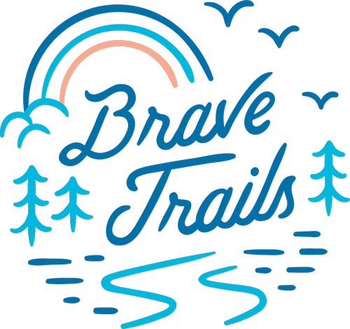 Design featuring a rainbow, trees, birds, and water with the text 'Brave Trails' in blue.