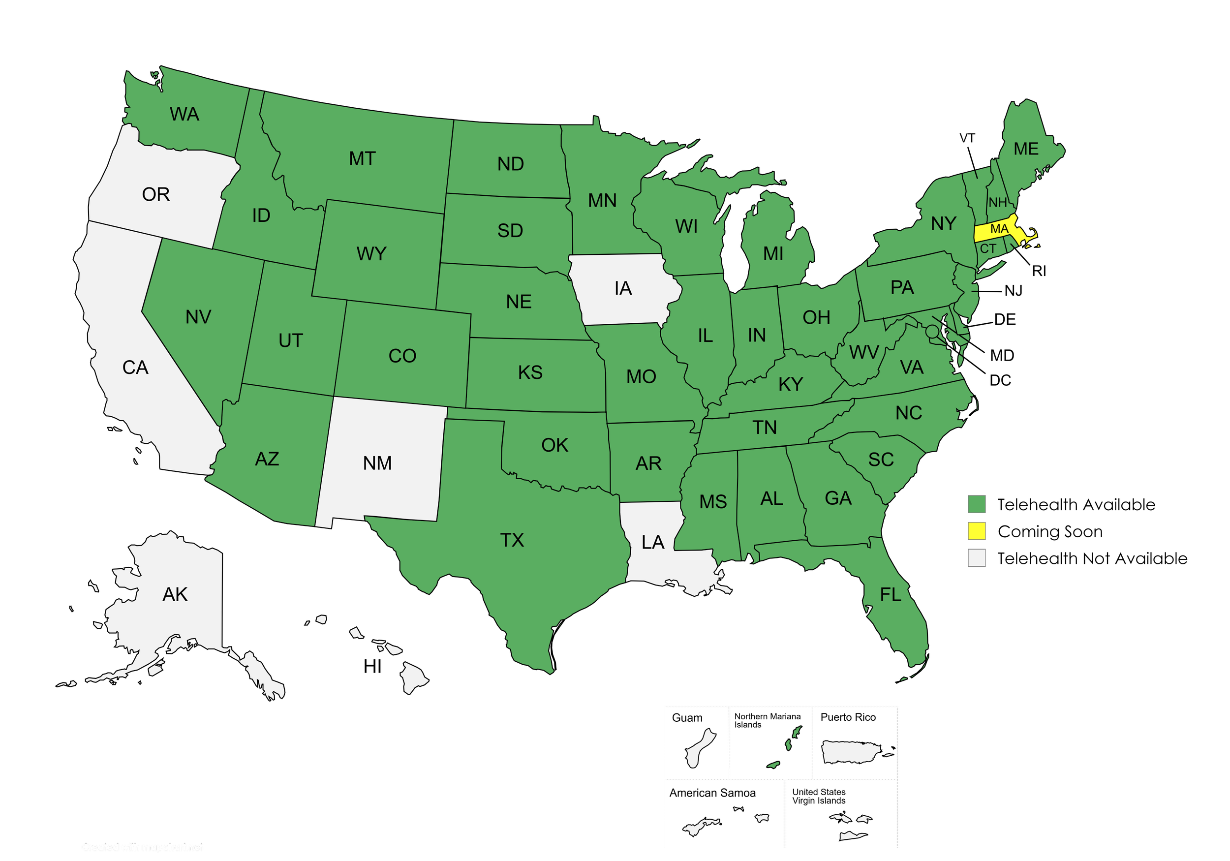Map of the United States showing 44 states and territories where Dr. Rachel Doyle provides online gender-affirming therapy for transgender and gender-diverse children, teens, and young adults via telehealth through PSYPACT.