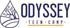 Logo with the word 'ODYSSEY' and 'TEEN CAMP' beneath it, accompanied by a stylized leaf or flame design.