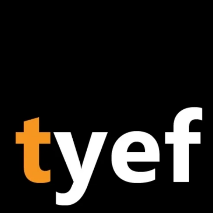 Logo with the text 'tyef' where the 't' is orange and the remaining letters are white on a black background.