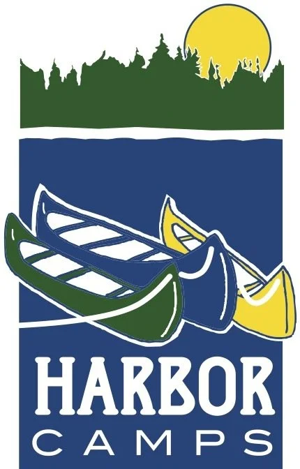 Illustration of a green and blue canoe with a yellow paddle on water, with a green forest and yellow sun in the background, and the text 'Harbor Camps' at the bottom.