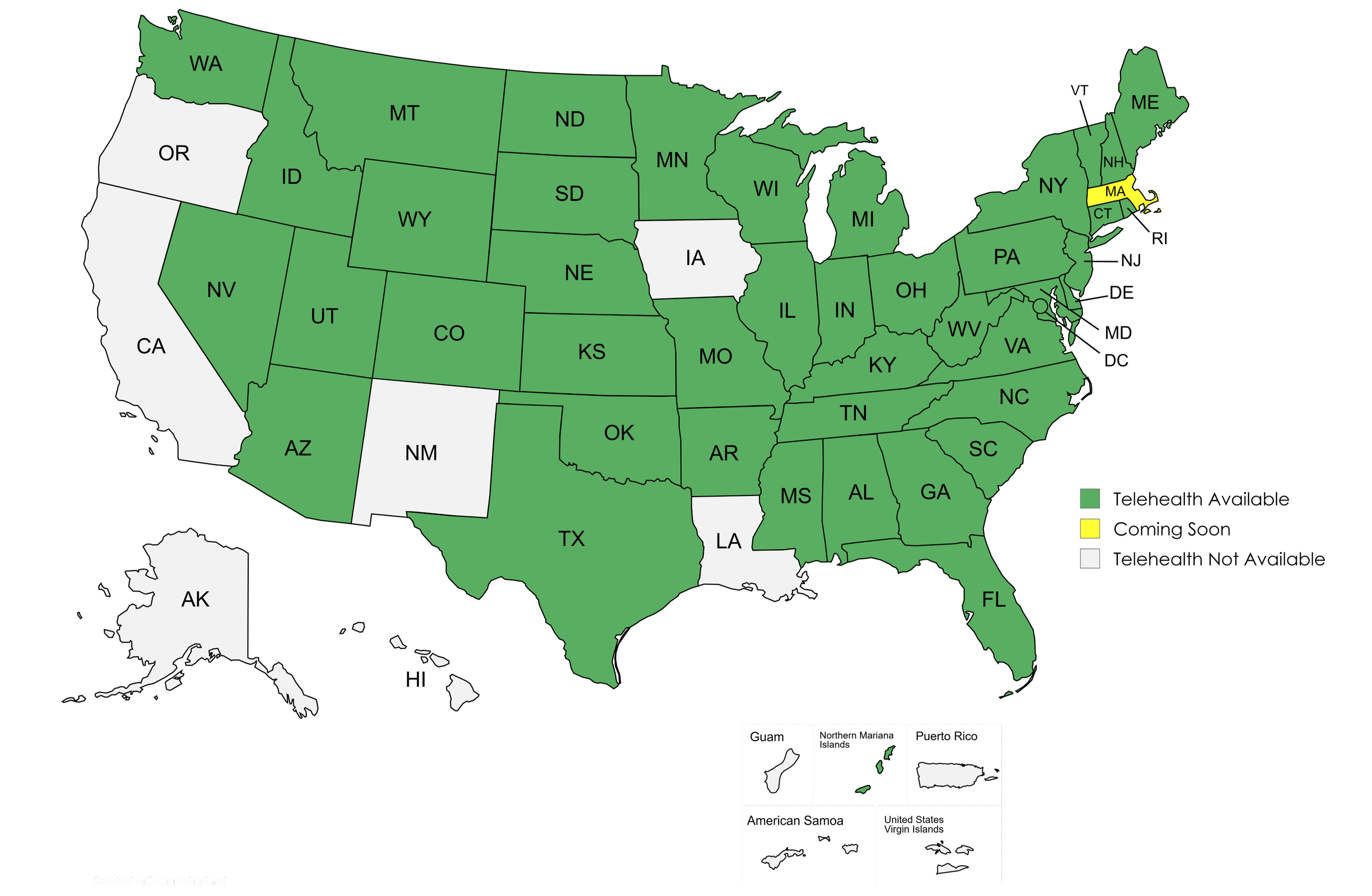 A colored map of the United States showing each state with some states in white and others in green or yellow. The map labels states with postal abbreviations and includes an inset of Alaska, Hawaii, and Puerto Rico.
