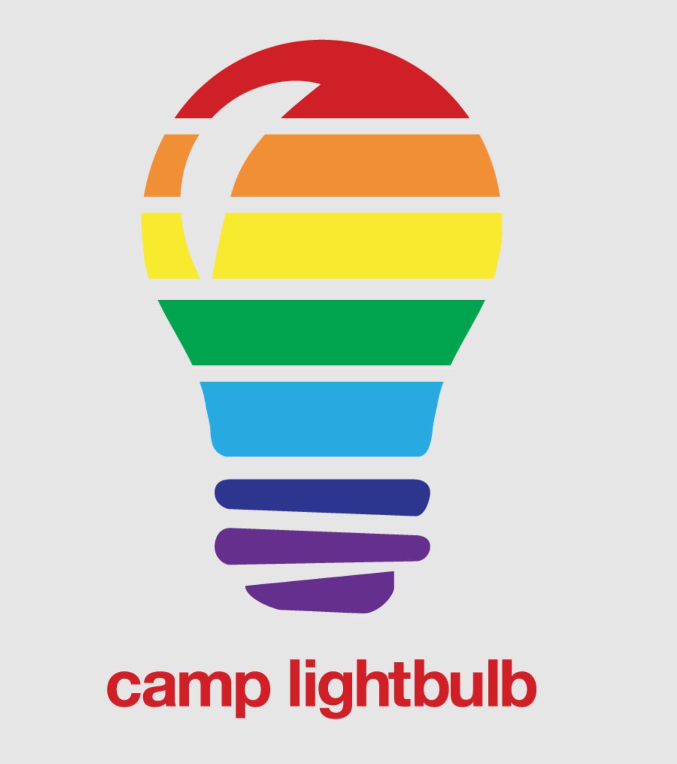 A colorful, stylized lightbulb made of horizontal rainbow-colored stripes with the words 'camp lightbulb' in red at the bottom.