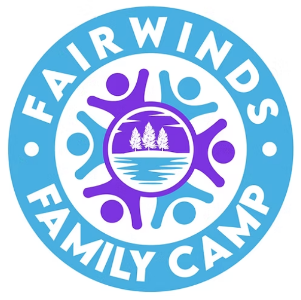Logo for Fairwinds Family Camp showing a circular design with trees and water in the center, surrounded by stylized figures representing people, with the words 'Fairwinds Family Camp' around the circle.