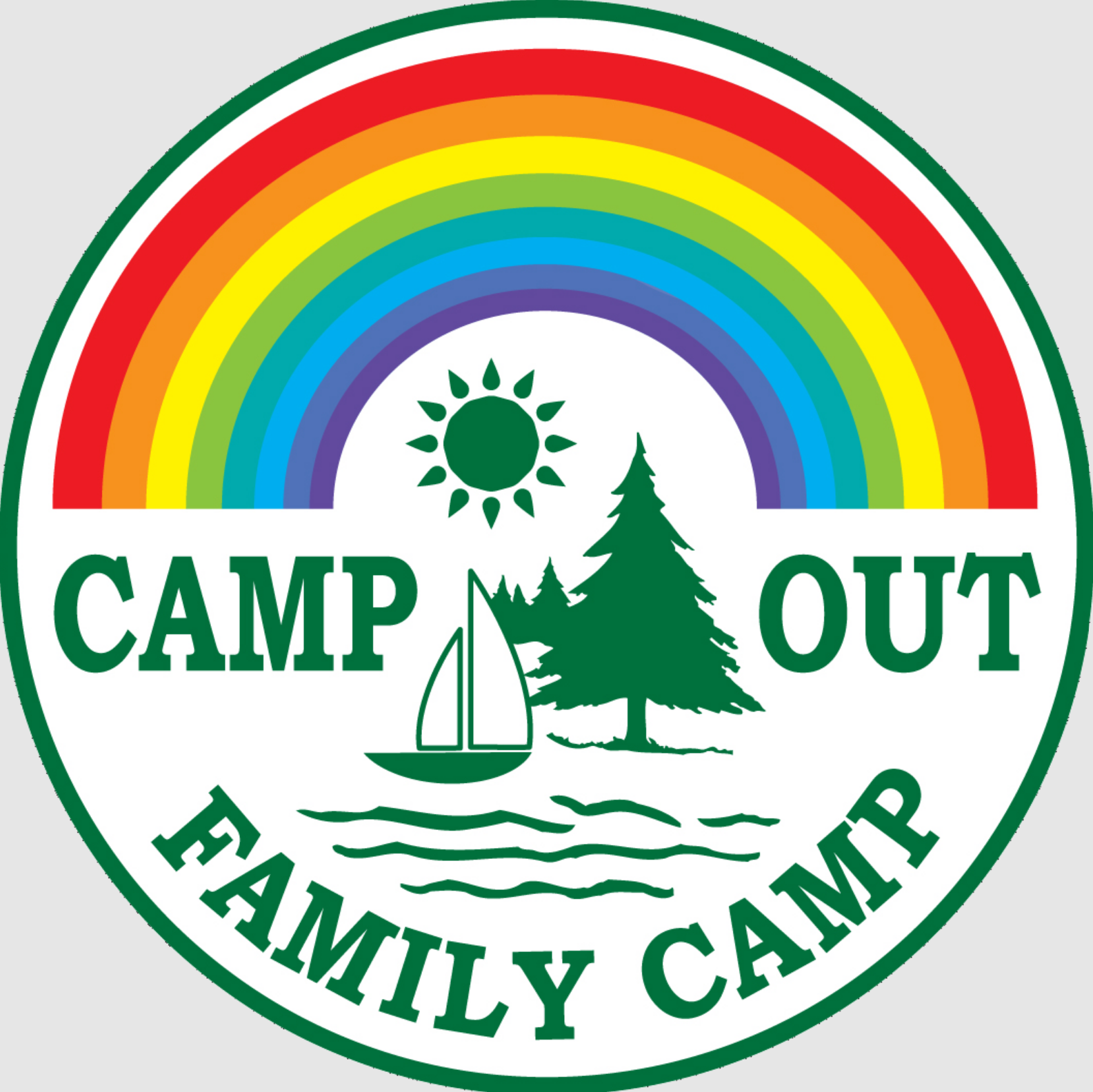A circular badge with a rainbow, a sun, a pine tree, a sailboat, and waves. Text reads 'CAMP OUT' at the center and 'FAMILY CAMP' at the bottom.