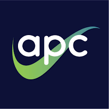 APC logo with lowercase letters 'apc' and a curved check mark design in green and white on a dark background.