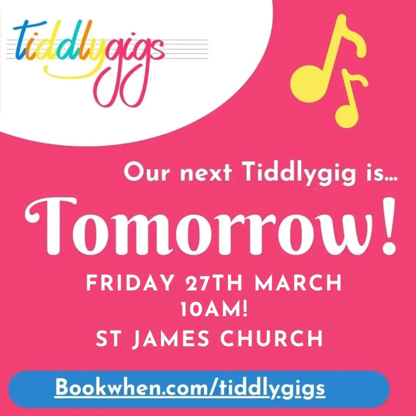 Our next Tiddlygig is tomorrow! Friday 27th March.

Join us at 10am at St James Church, Taunton for a lovely morning of live music with the fabulous Rachael Sweeting &mdash; expect lots of great pop classics to dance and move along to with your littl