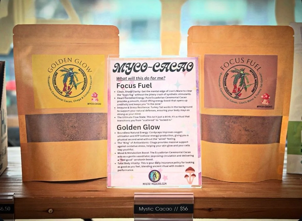 Mystic Myco-Cacao 🍄&zwj;🟫 Line is on the shelf @kuyawellness ✨✨✨✨✨✨ stop by, drop in and take a bit of the mystic magic home with you. 🍃