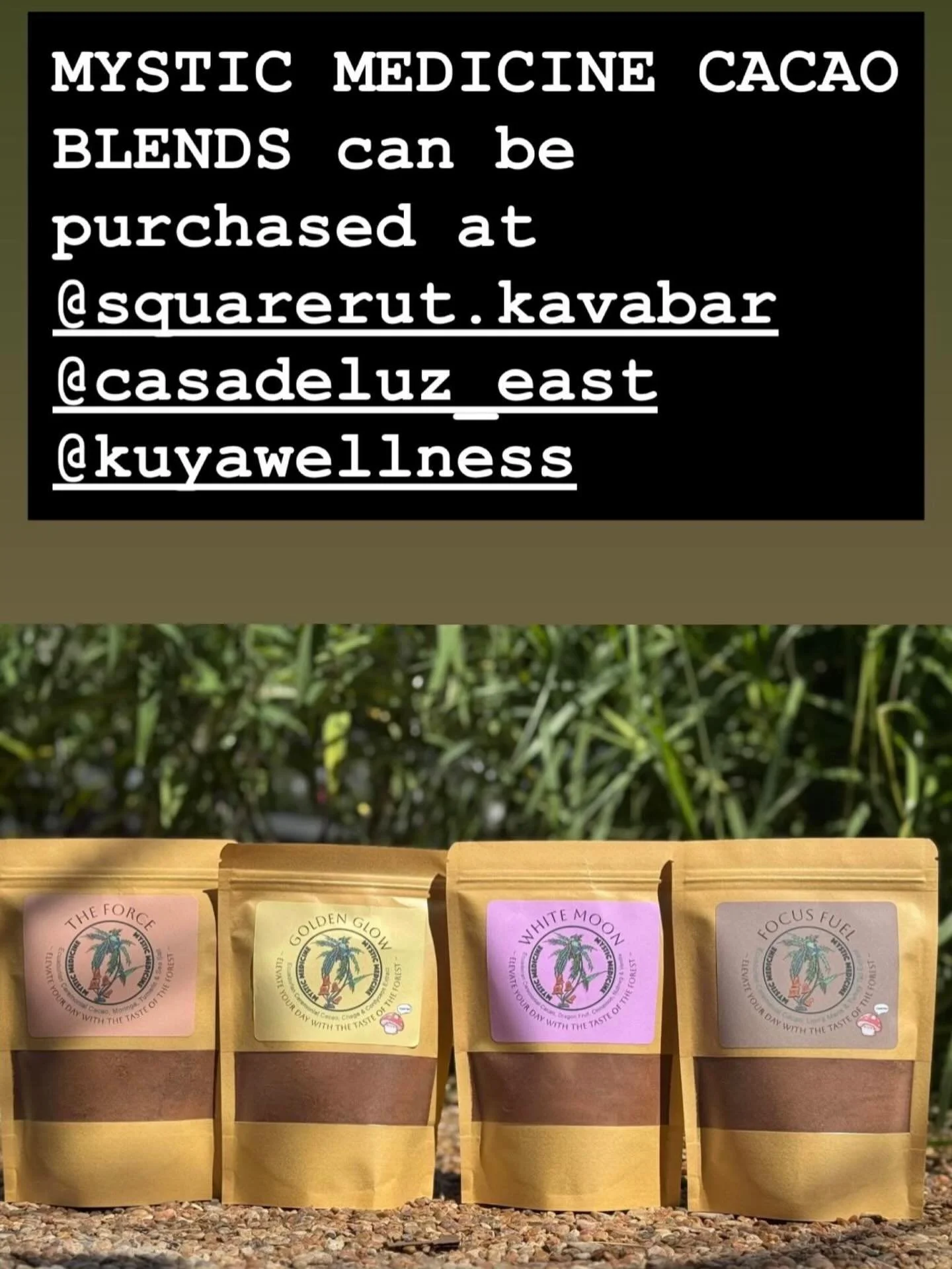 Mystic Medicine cacao elixir blends can be purchased at @squarerut.kavabar @casadeluz_east @kuyawellness ! Be sure to stop by these local Austin businesses and check them out