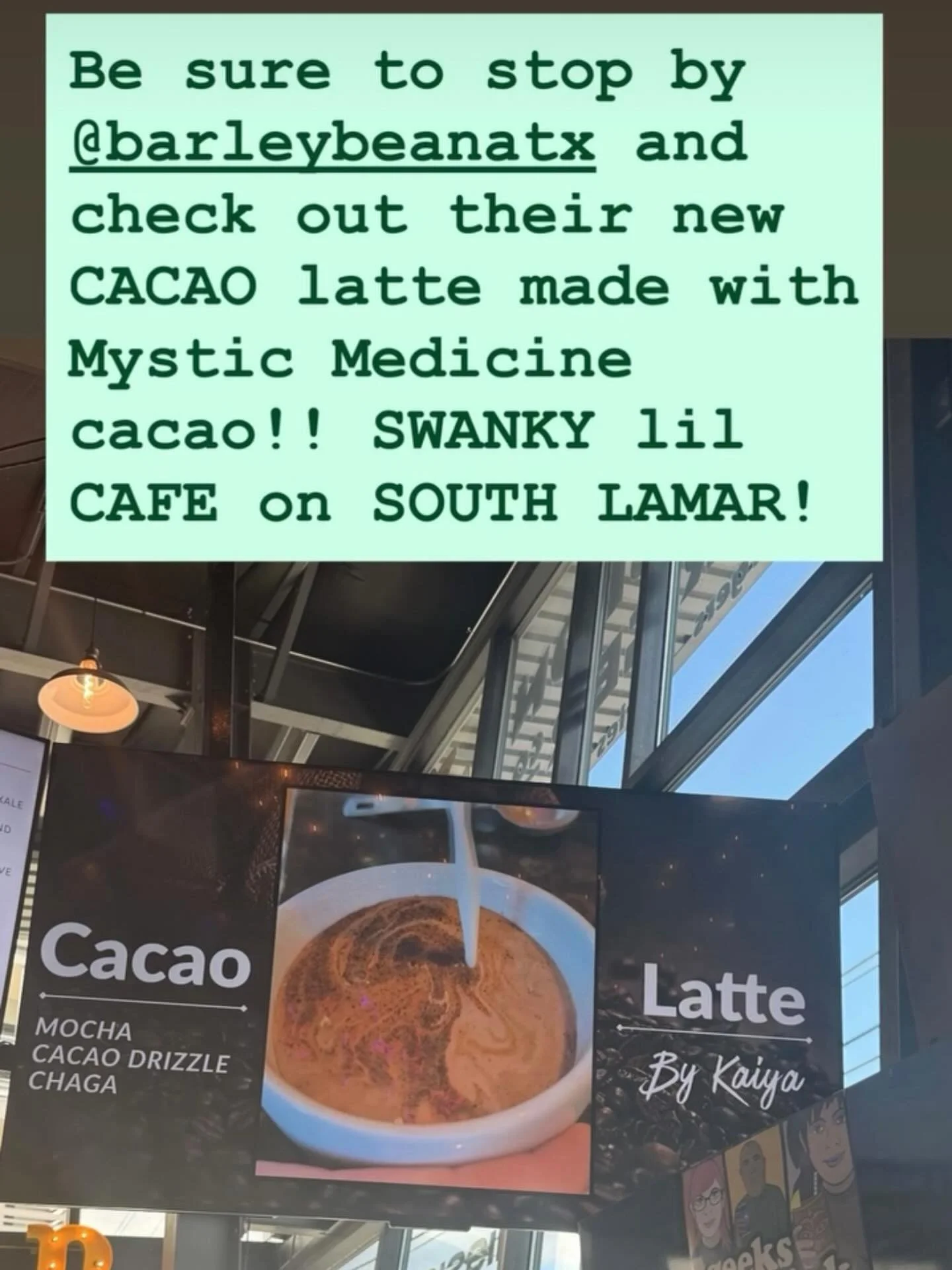 The swanky,  sweet caf&eacute; on South Lamar @barleybeanatx is using Mystic Medicine cacao for their new CACAO LATTE! Be sure to check this place out.