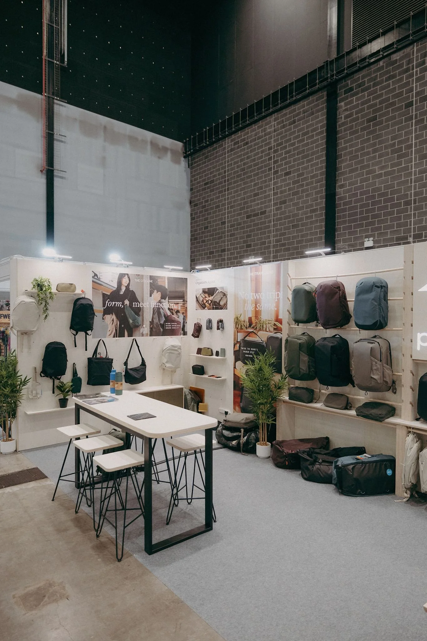 Peak Design modular exhibition stand installed at the Outdoor Trade Show before the event opened