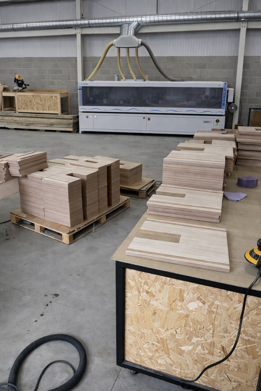 Wood workshop with stacks of wooden boards and a large industrial machine in the background for wood processing.