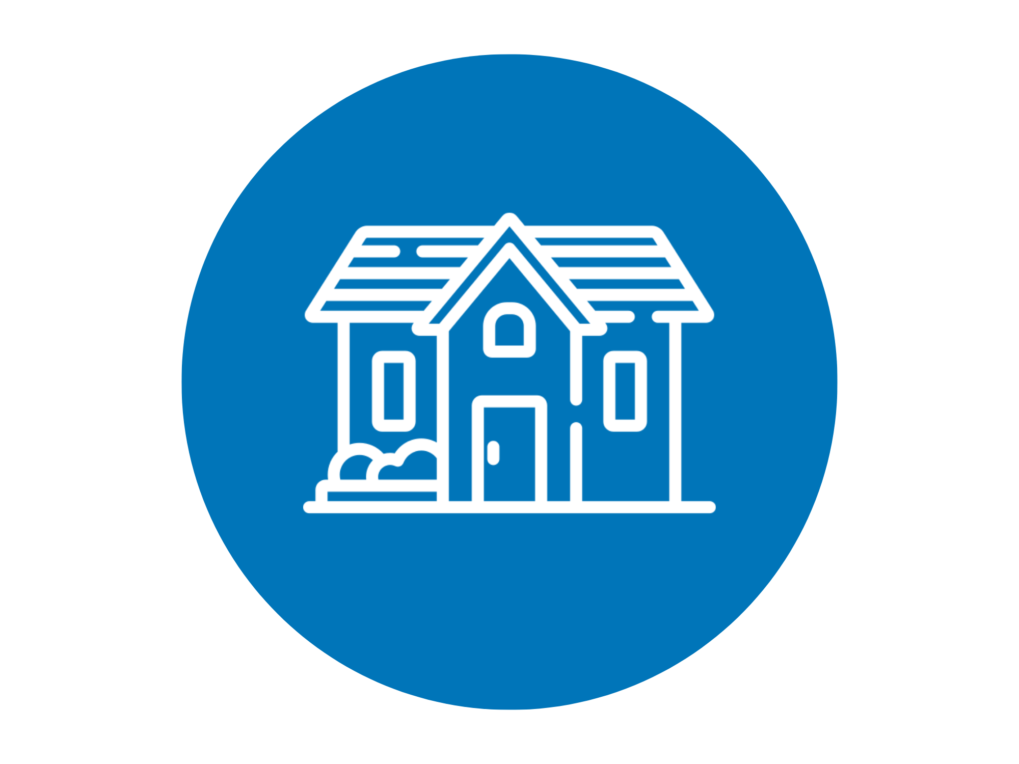 Blue circular logo with a white outline of a house with a peaked roof, door, and windows.