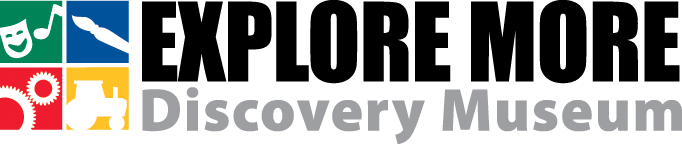 Logo for Discovery Museum with colorful icons of a mask, musical note, wrench, gear, bicycle, and train next to the text 'Discovery Museum' in gray.