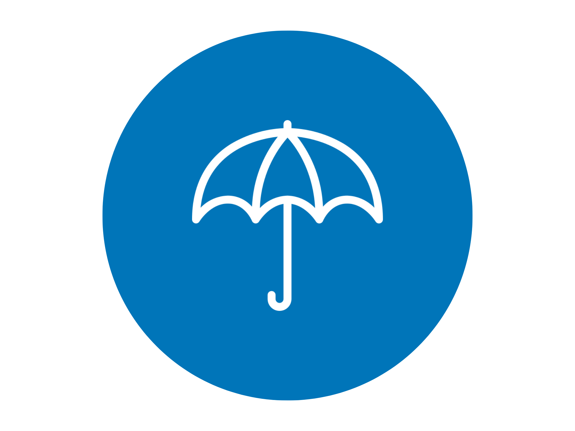Icon of a umbrella in white outline inside a blue circular background.