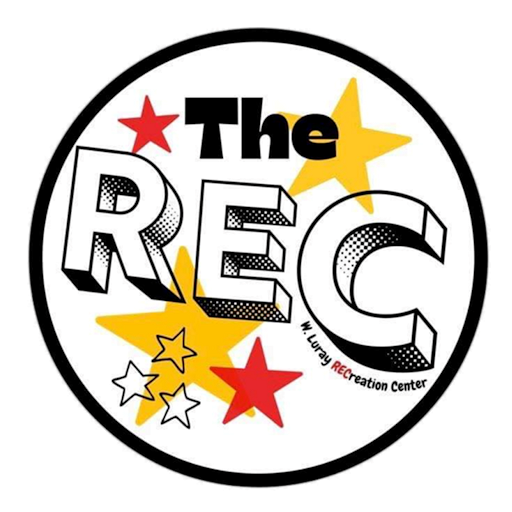 Logo for The REC Recreation Center featuring bold text, colorful stars in an blue outline circle.