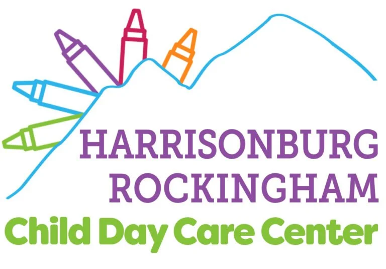 Logo for Harrisonburg Rockingham Child Day Care Center featuring colorful crayons and mountain outline.