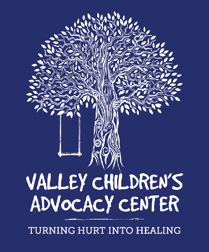 Logo of Valley Children's Advocacy Center featuring a stylized tree with a swing hanging from one of its branches, and the text 'Valley Children's Advocacy Center' with the tagline 'Turning Hurt Into Healing'.