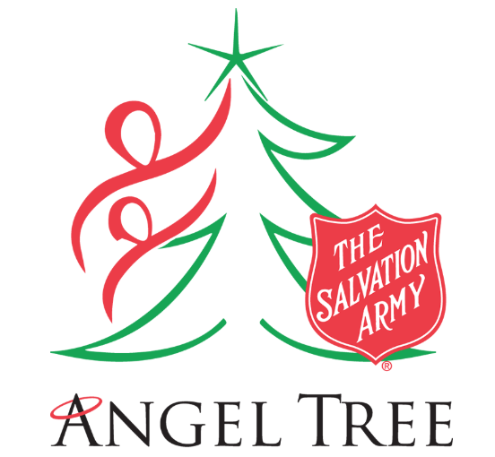 Holiday greeting card with stylized Christmas tree made of red and green lines, topped with a star, and featuring The Salvation Army's shield logo and the words 'Angel Tree'.