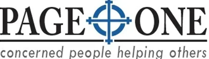 Page One logo with a cross within a target symbol and the tagline 'concerned people helping others'.