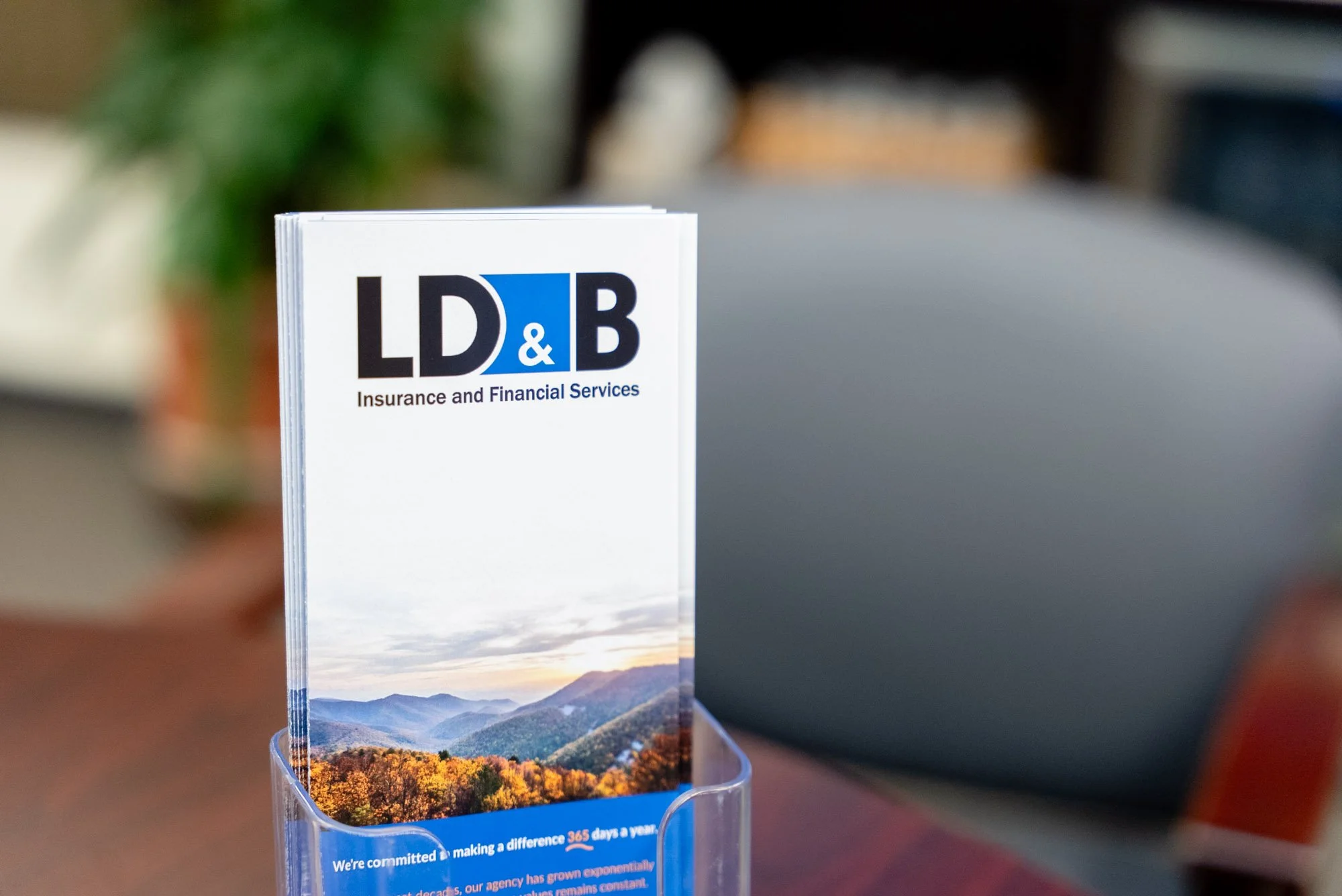 A brochure with the logo "LD&B" and the text "Insurance and Financial Services" on a table, with a mountain landscape image at the bottom.