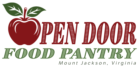 Logo for an open door food pantry in Mount Jackson, Virginia, featuring an apple with leaves and the text 'Open Door Food Pantry' in red and green.