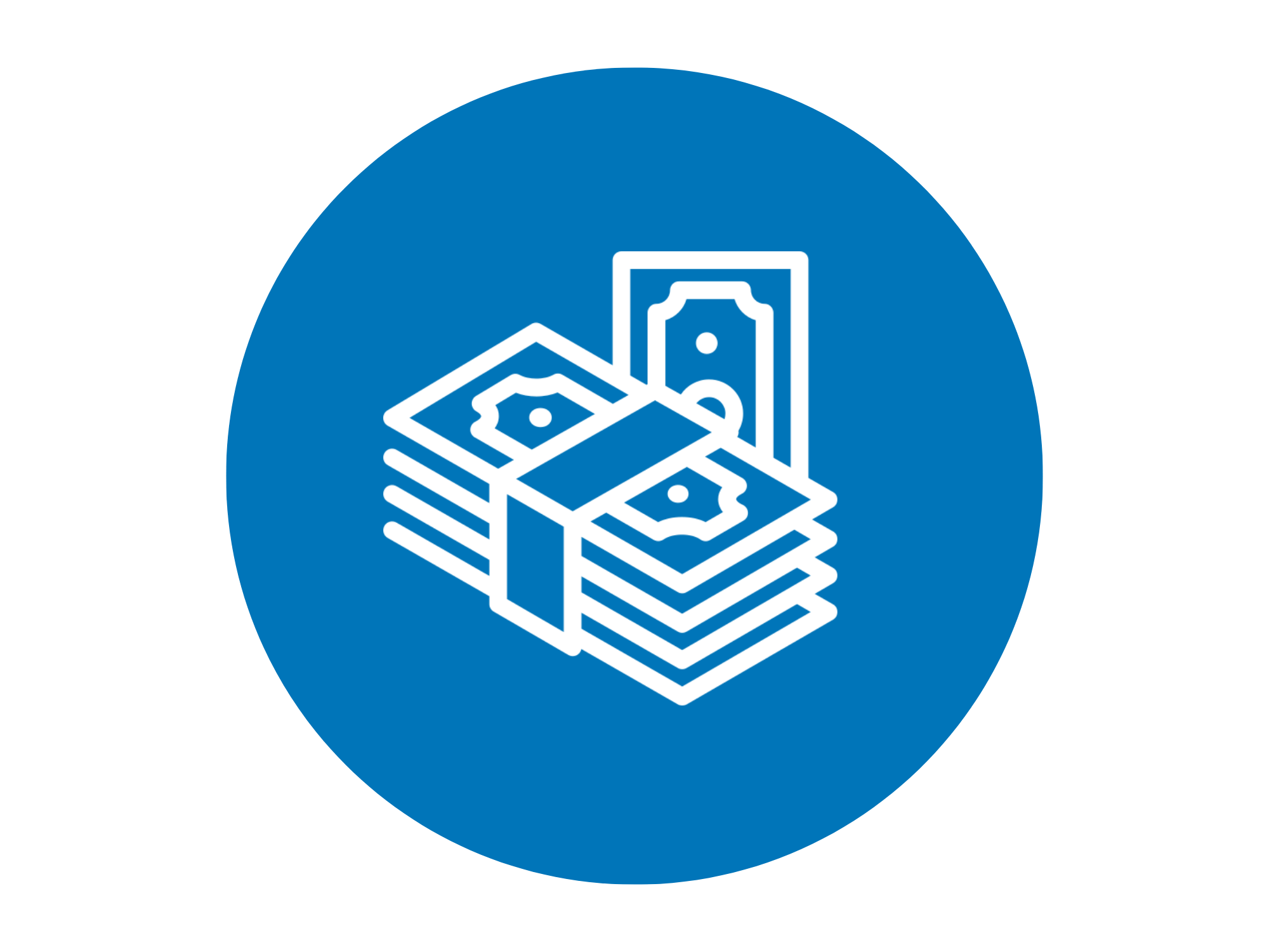 Icon of stacked money bills in white outline inside a blue circular background.
