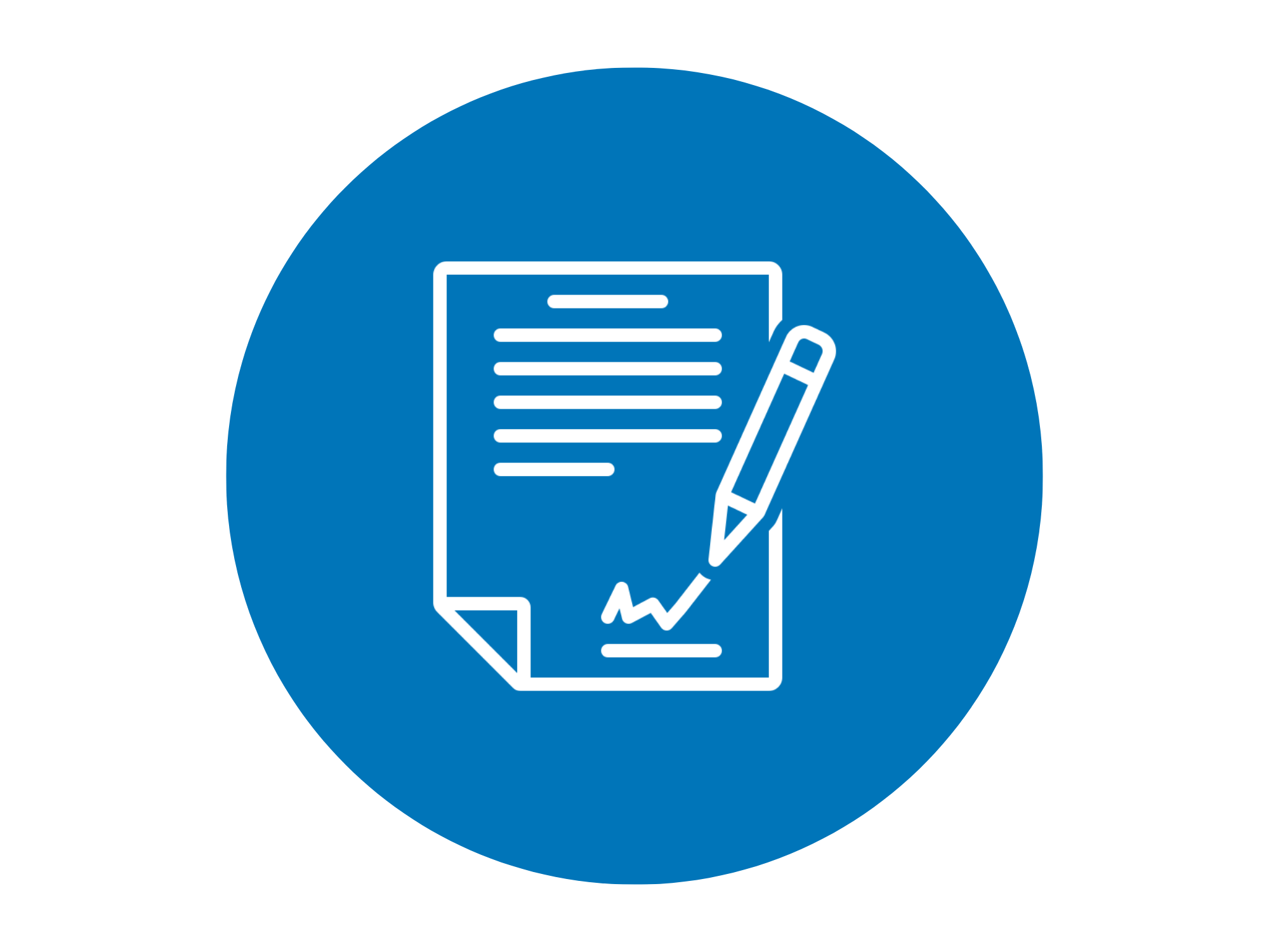 Icon of a document with a signature line, accompanied by a pen, in white outline inside a blue circular background.