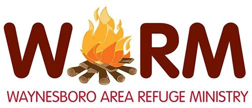 Logo for Waynesboro Area Refuge Ministry featuring the word 'WARM' with a campfire replacing the letter 'A' and the organization's name below.