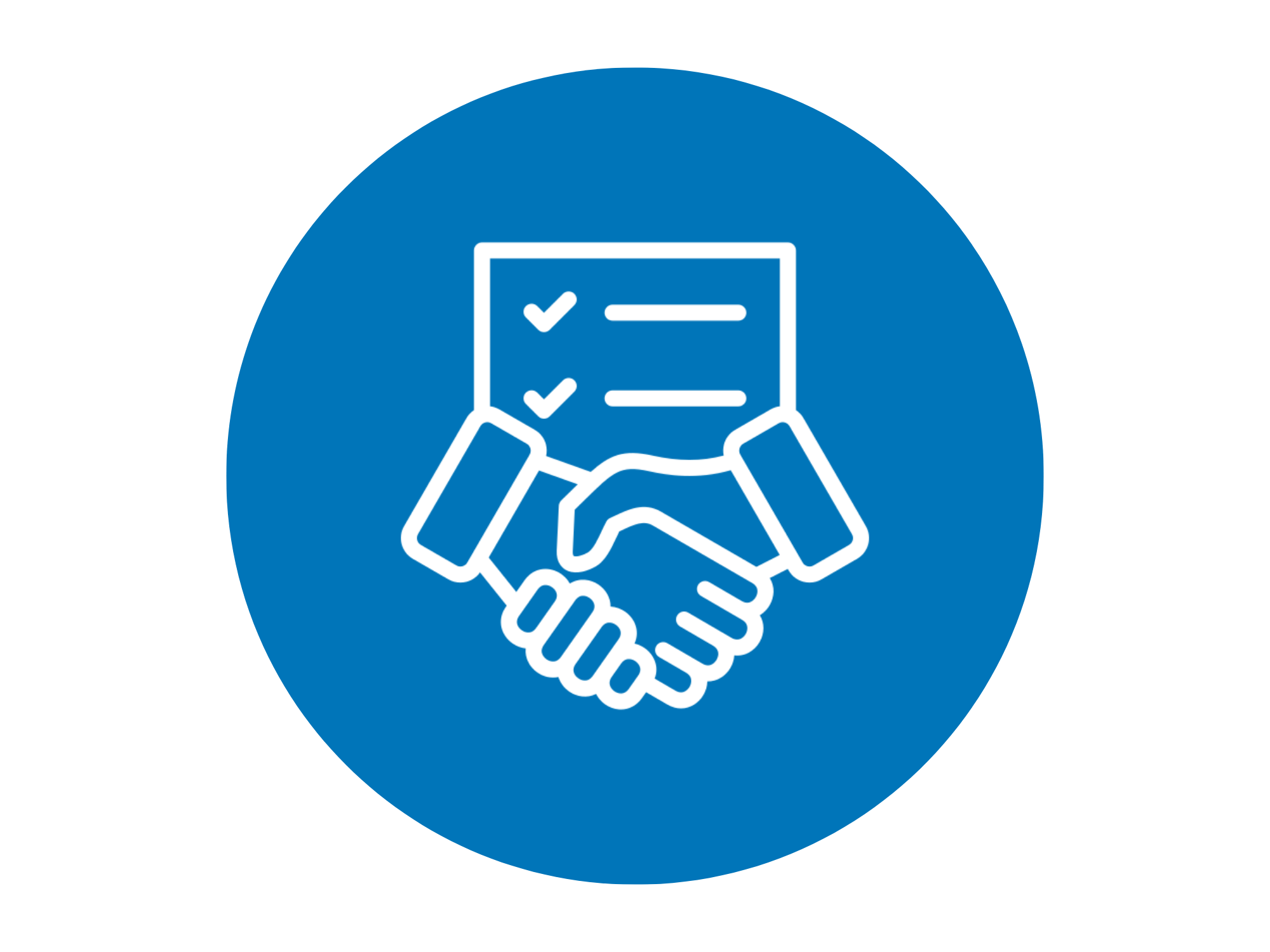 Icon of two hands shaking with a document behind them, featuring checkmarks and lines, in white outline inside a blue circular background.