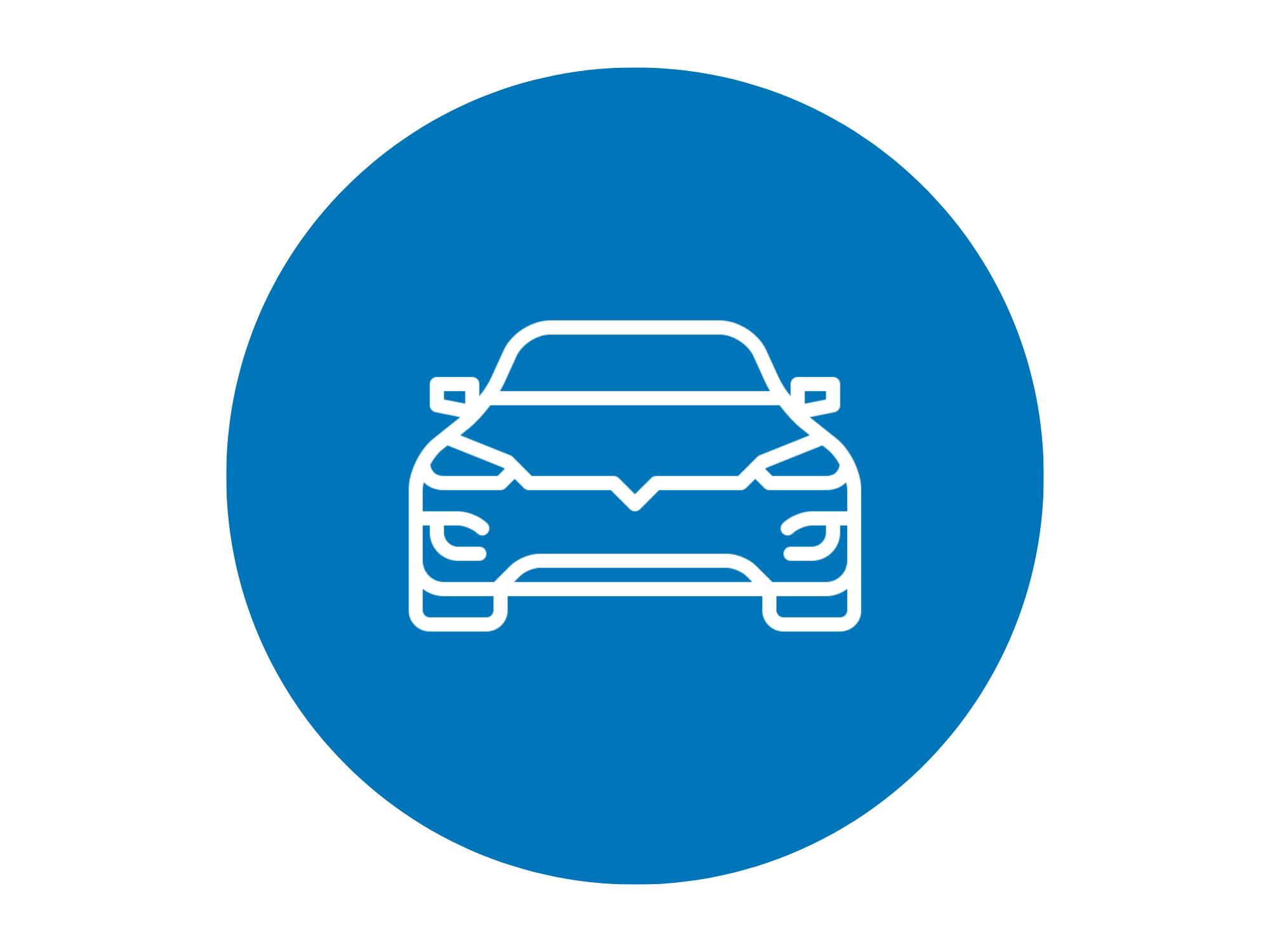 A blue circular icon featuring a white outline of a modern car with a sleek design, front view.