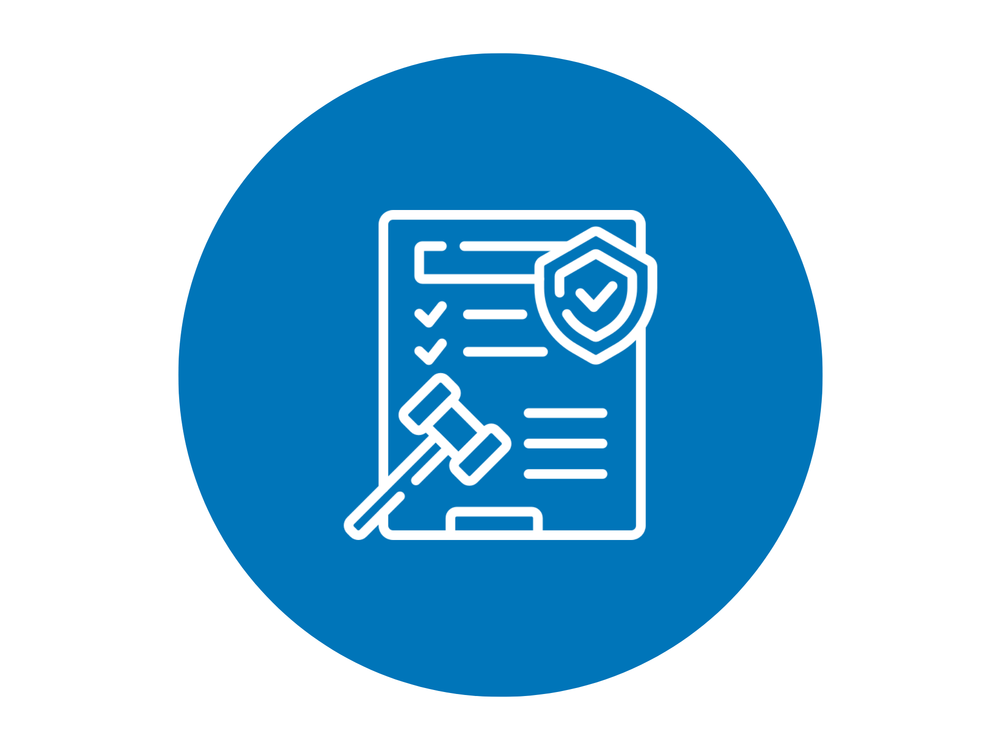 Icon of a document with checkmarks, a shield, and a gavel in white outline on a blue circular background.