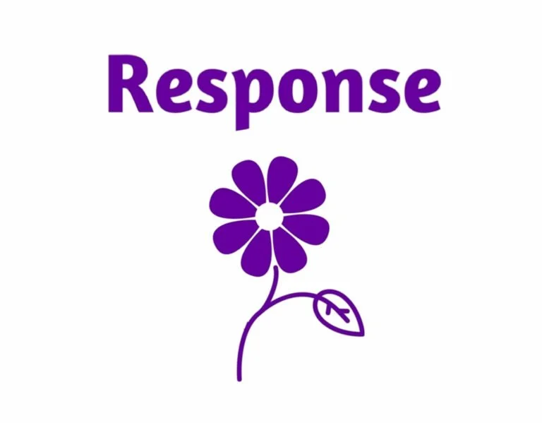 The image features the word Response in bold purple text above a purple flower with a single leaf, all on a white background.