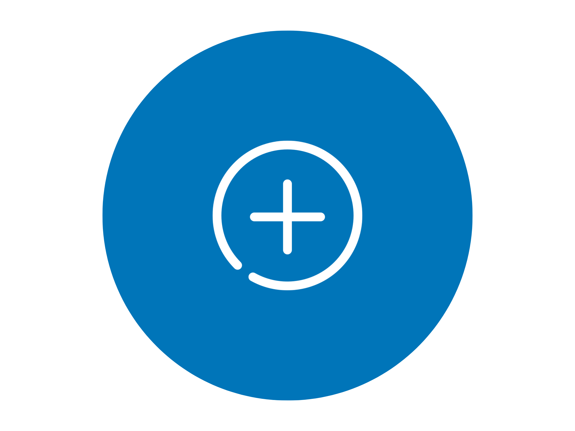 a white plus sign inside a white outline circle inside a blue circular background.