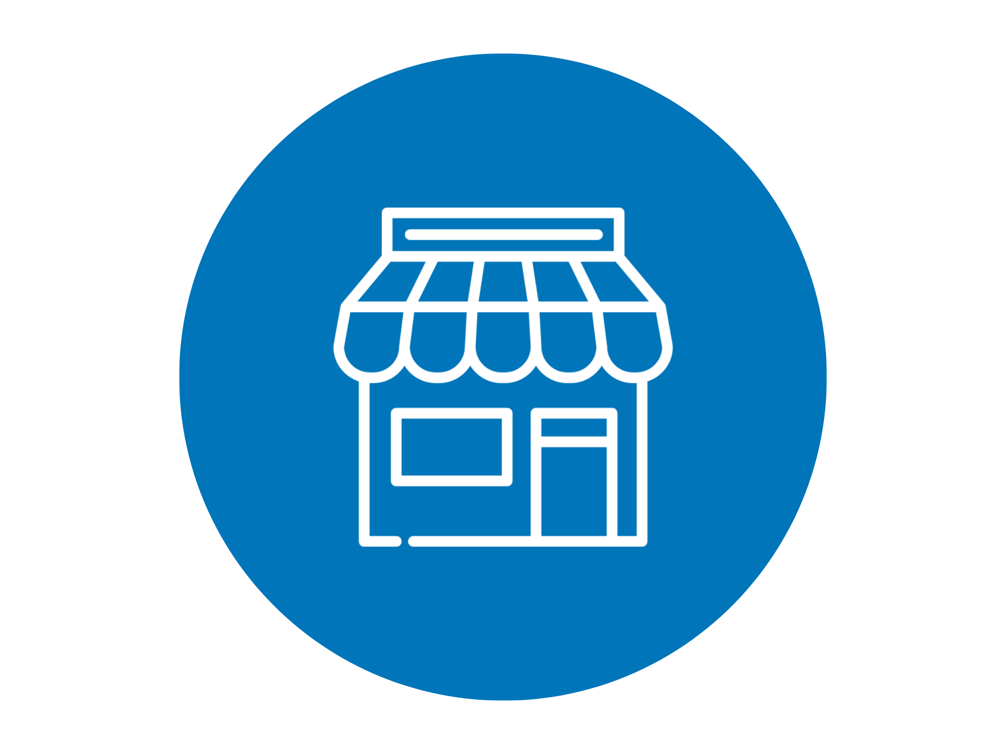 Icon of a small shop or storefront with an awning, window, and door, in white outline inside a blue circular background.