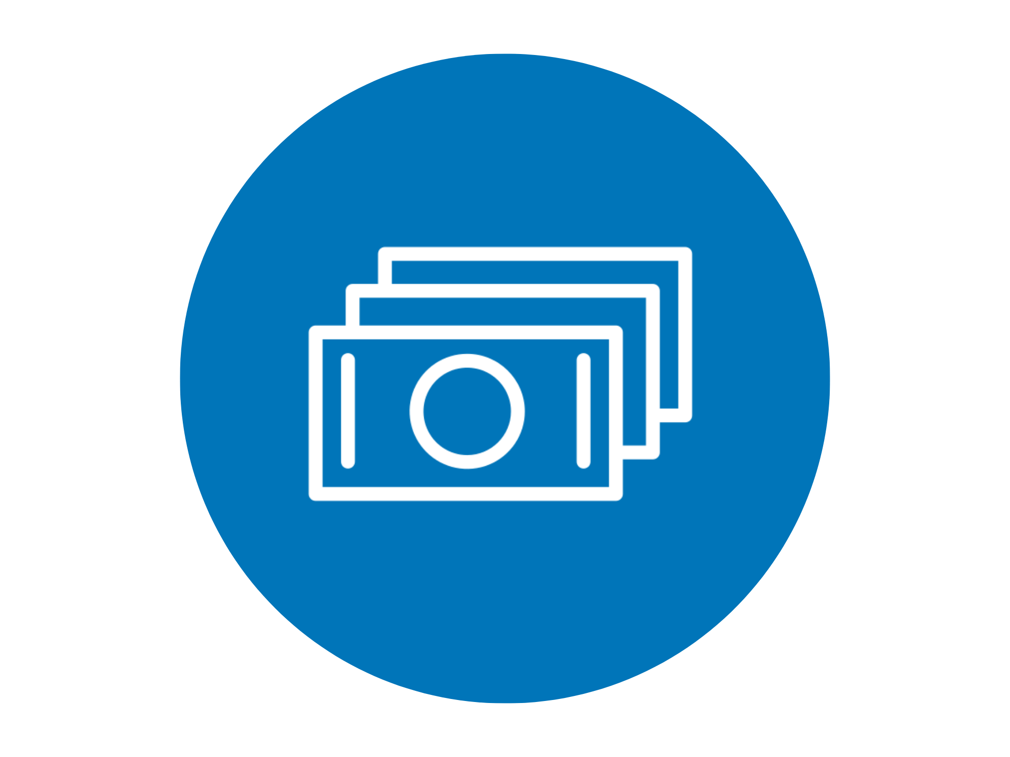 Icon of three overlapping bills or money notes in white outline inside a blue circular background.