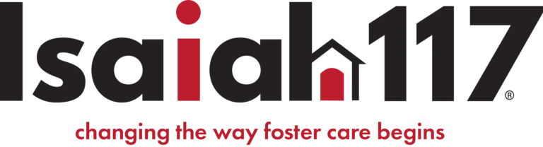 Logo with the text 'Isaidah 117' and a tagline 'changing the way foster care begins' in red