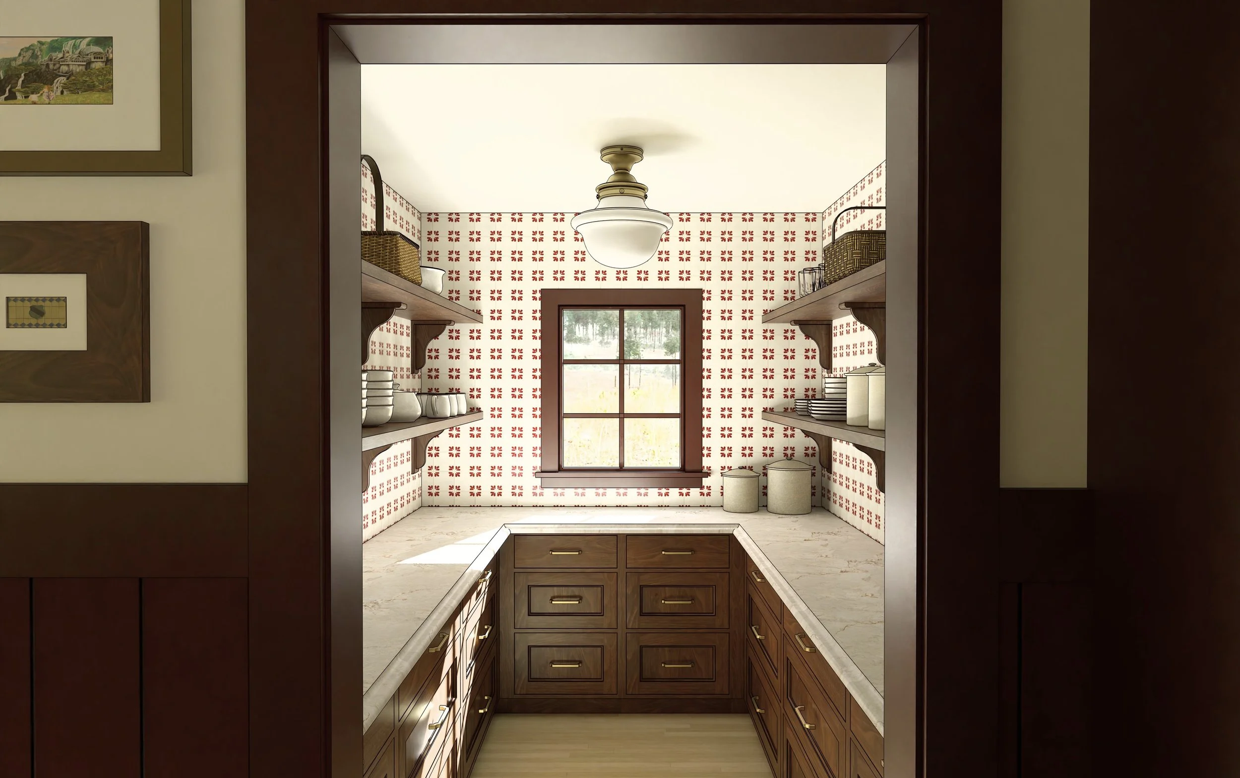 View of a pantry with wooden cabinets, open shelving with dishes and baskets, a window with a view of grass and trees, and a ceiling light fixture.