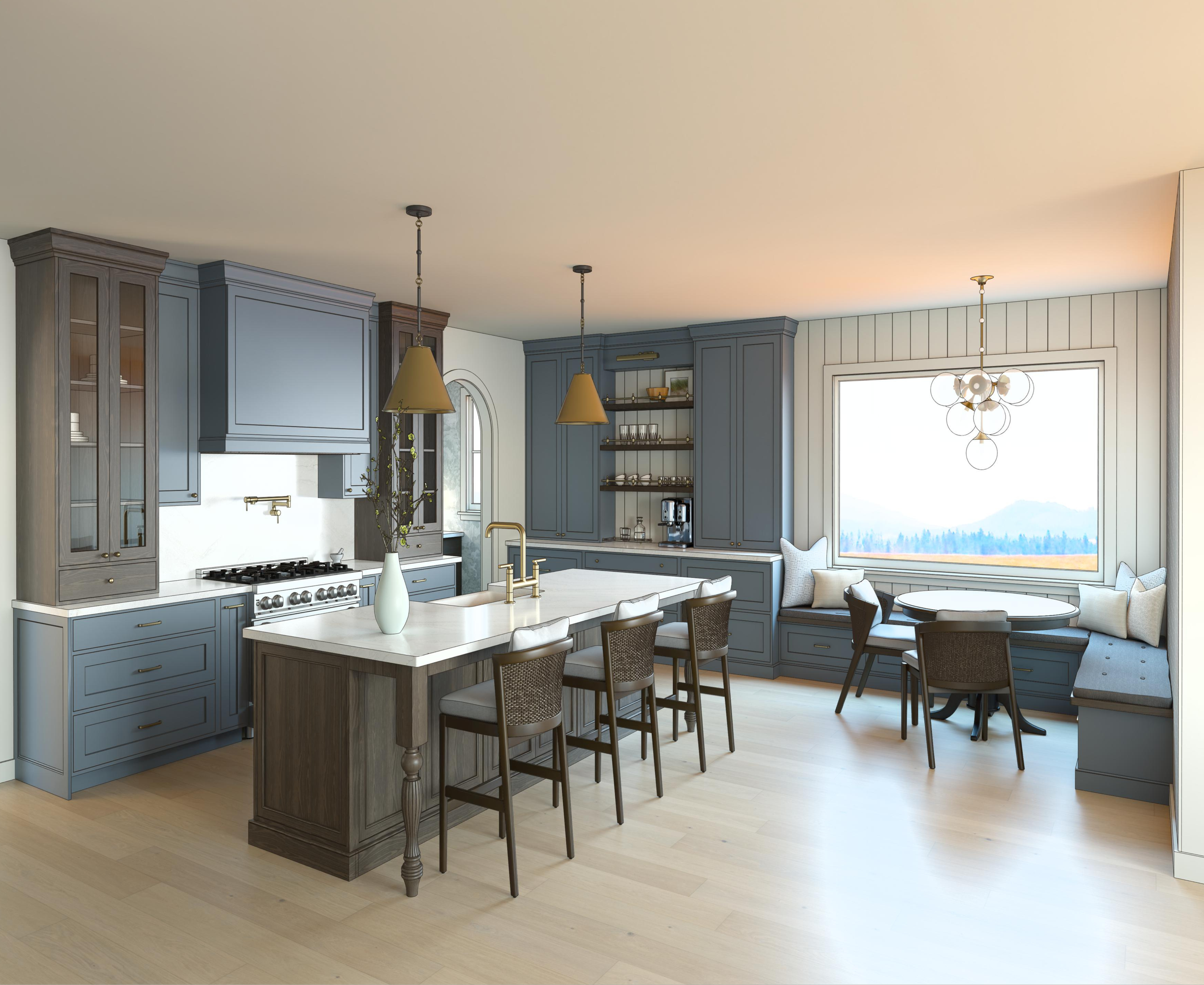 Open-concept kitchen with blue cabinetry, white marble island, brass fixtures, pendant and chandelier lighting, built-in seating by large window with a scenic mountain view, and light wood floors.