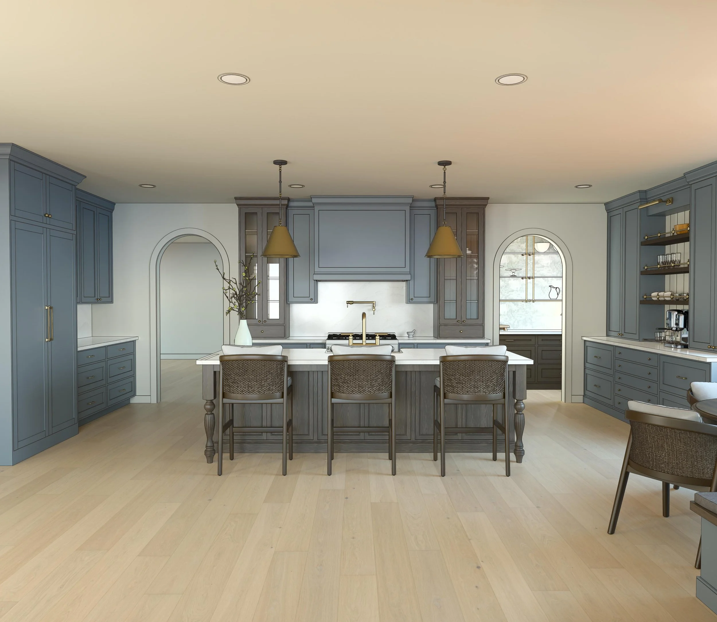 Kitchen with blue cabinets, a white island with four chairs, pendant lights, and open shelving on the walls.