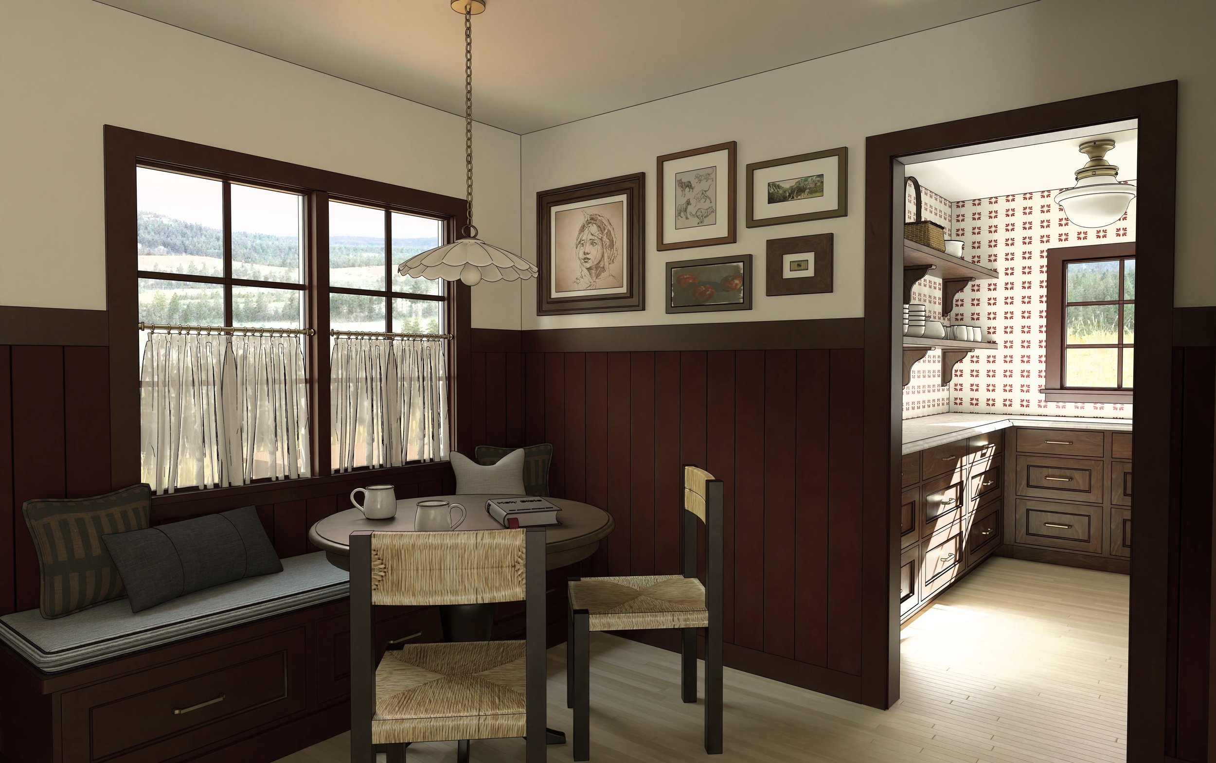 A cozy kitchen and dining nook with a dark wood wall paneling, a small round table with a book and two mugs, and framed artwork on the wall, with a large window and a doorway leading to the kitchen where open shelves and red patterned wallpaper are v