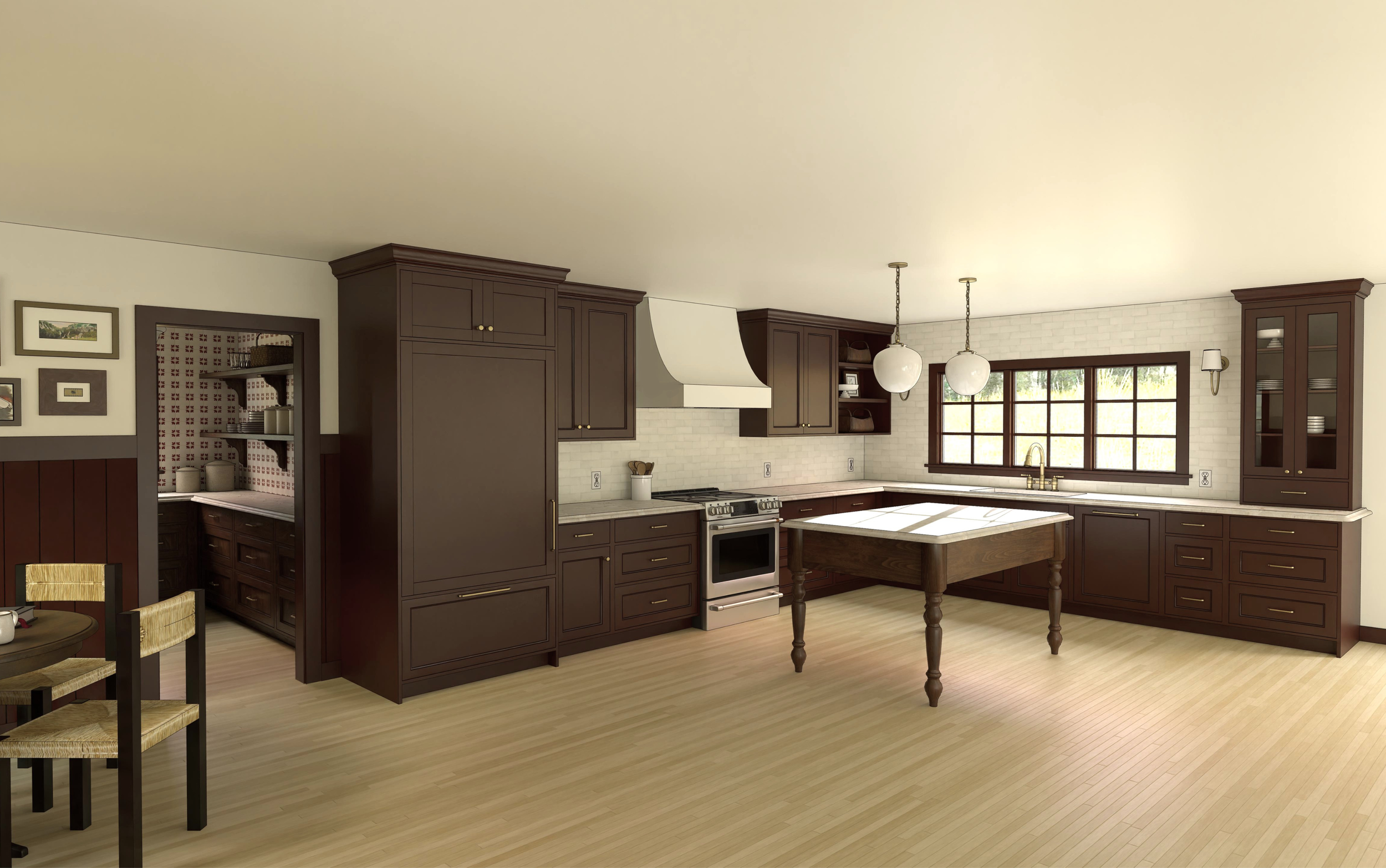 Spacious kitchen with dark wood cabinets, white backsplash, kitchen island, large window, and light wood flooring.