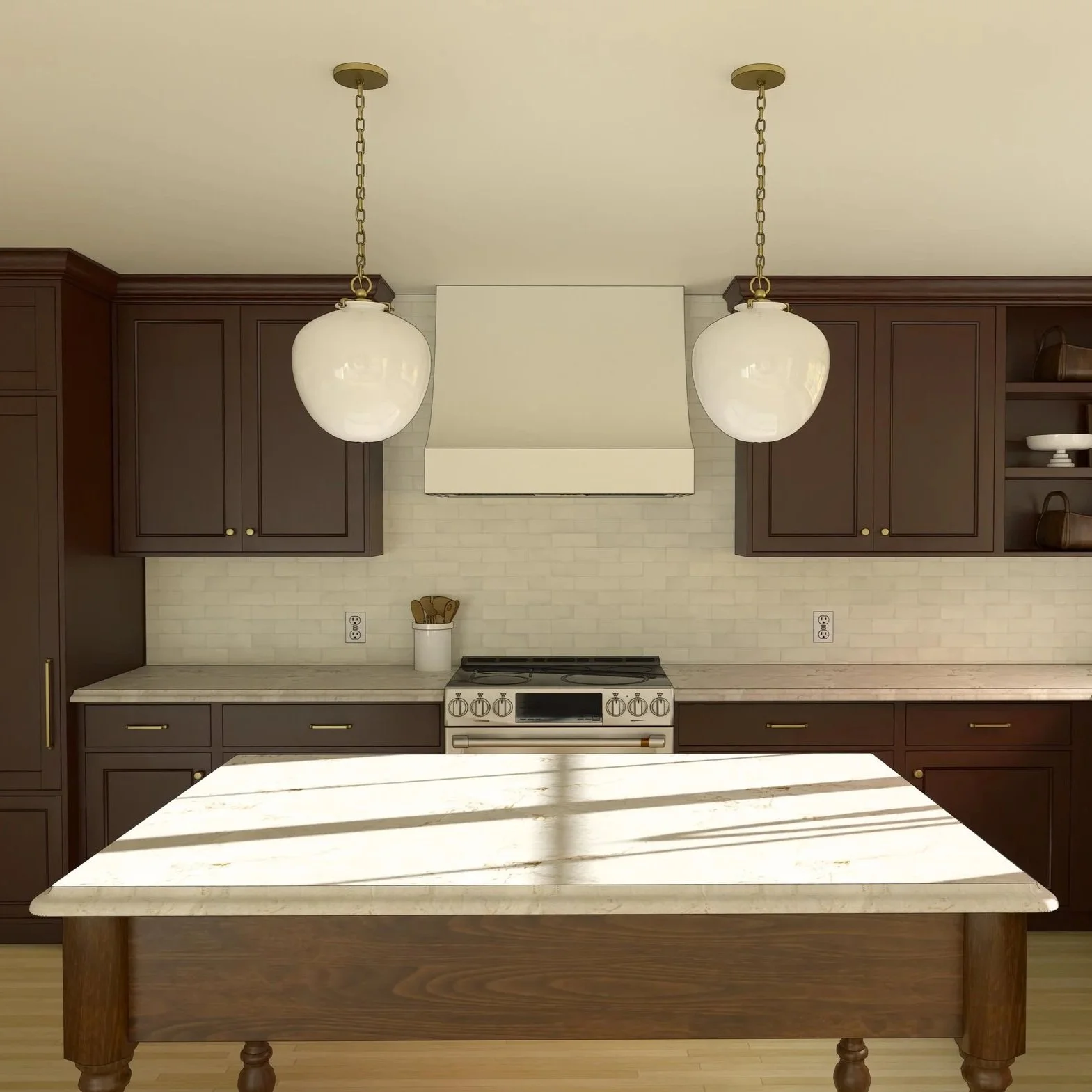 Kitchen with dark wood cabinets, beige brick backsplash, white marble island, and hanging pendant lights.