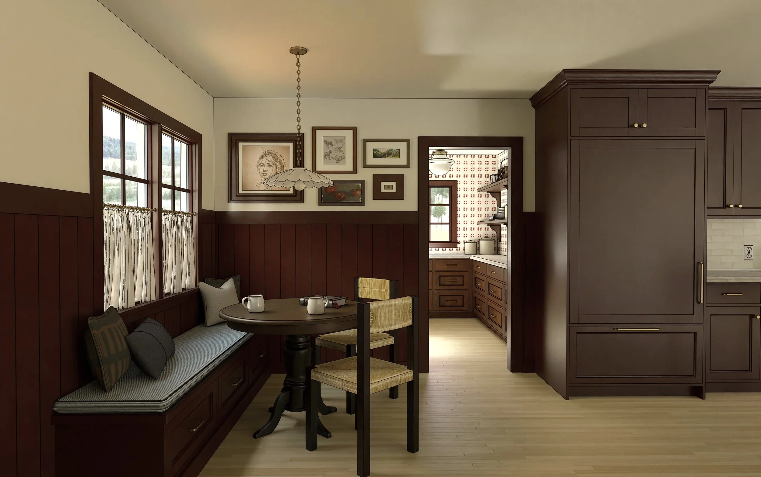 A cozy dining nook with a built-in bench seat, a round table, and two chairs. There are pillows on the bench, and a window with curtains is on the left. Artwork hangs on the wall above the bench. A doorway leads to a kitchen with wooden cabinets and 