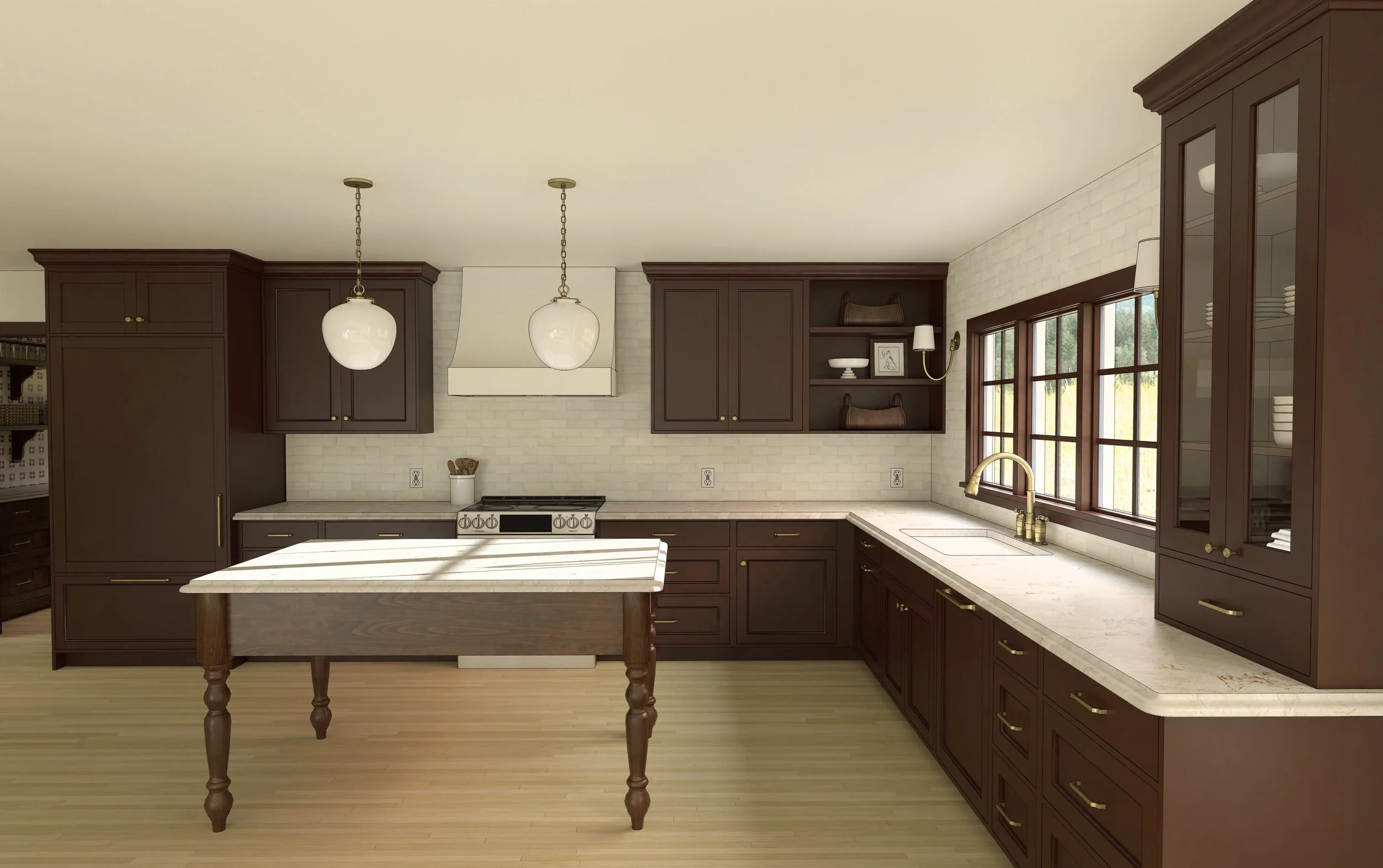 Kitchen with dark wooden cabinets, white marble countertops, large windows, a central island, and pendant lighting.